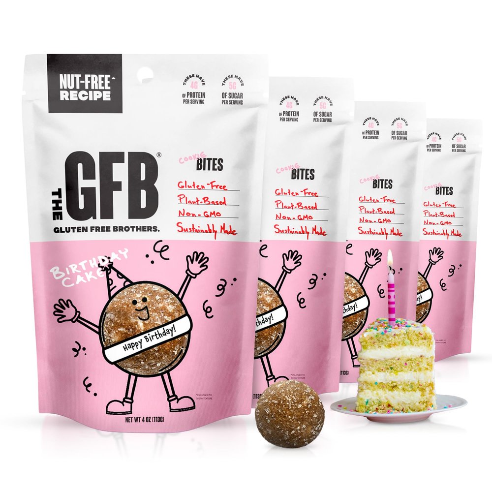 The GFB Birthday Cake Allergen Friendly Protein Bites | Gluten Free Nut Free Snacks | Super Tasty Plant Based Protein Balls | Travel Ready Non-GMO, Kosher & Vegan Snacks | Resealable 4oz Bags, 4 Pack