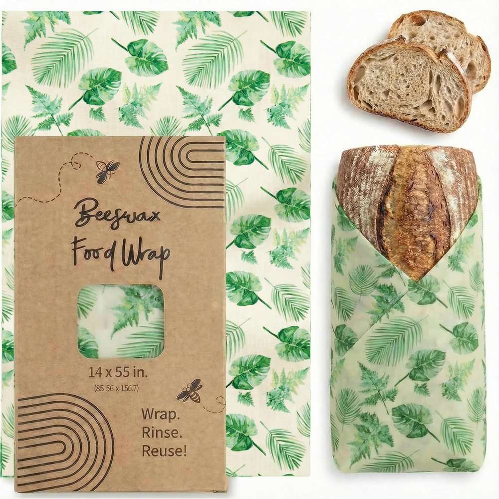 XXL Reusable Beeswax Wraps For Food - 14 x 55 in Roll | Cut to Size Bees Wax Wraps Reusable | Extra Large Beeswax Paper Sheet | Cute Bees Wax Roll for Food Wraps (Tropical Leaves)
