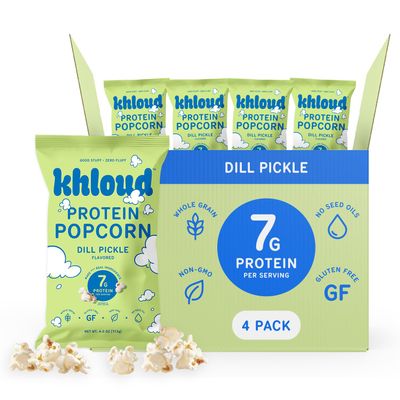 Khloud Protein Popcorn - Dill Pickle - 7g Protein Snacks for Adults & Kids - Flavored Popcorn Made with Real Ingredients & Milk Protein Isolate - Non-GMO, Gluten-Free, Kosher - 4oz, 4pk