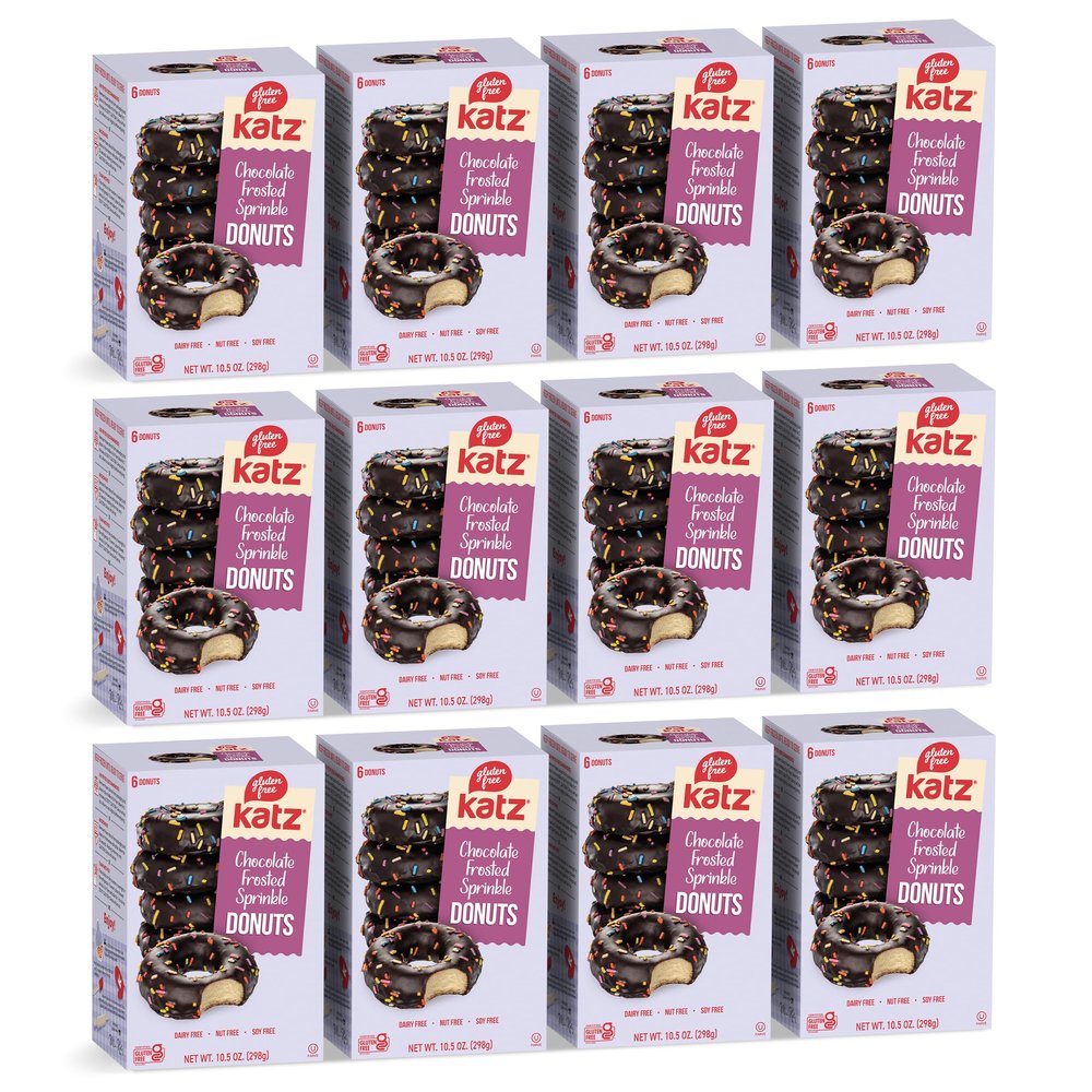 Katz Gluten Free Chocolate Frosted Sprinkle Donuts. No Artificial Color Free of Soy, Sesame, Dairy, and Nuts. Kosher 10.5oz (12pk)