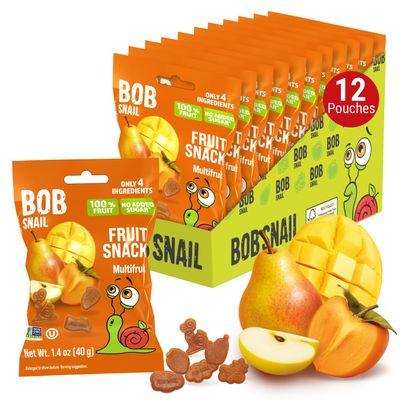 Bob Snail Fruit Gummy Bites Multifruit Flavor, 12-Pack (480g), Real Fruit Snacks with No Added Sugar, Vegan & Gluten-Free Mini Bites for Kids & Adults