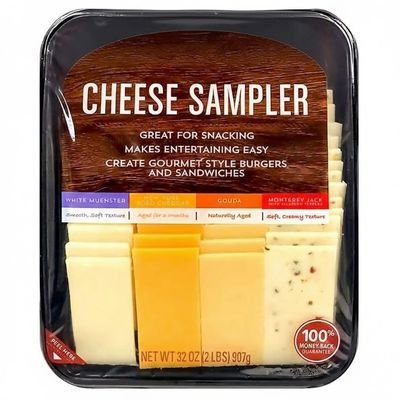 Cheese Sampler is a pre-sliced platter of four different types of cheese for snacking, making burgers or entertaining guests. Indulge your palate with the White Muenster, New York Aged Cheddar, Gouda and Monterey Pepper Jack cheeses. [ 32 oz , 2 lb ]