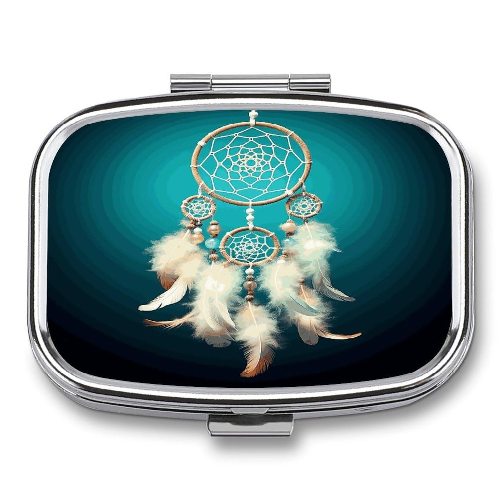 White Dream Catcher Feather Pill Box 2 Compartment Small Square Pills Case Portable for Pocket Pill Organizer Travel Metal Pill Holder for Office Home Vitamin Medicine Fish Oil