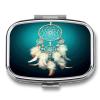 White Dream Catcher Feather Pill Box 2 Compartment Small Square Pills Case Portable for Pocket Pill Organizer Travel Metal Pill Holder for Office Home Vitamin Medicine Fish Oil view 1