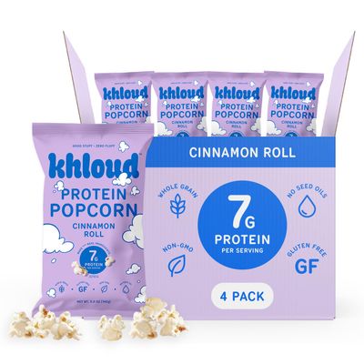 Khloud Protein Popcorn - Cinnamon Roll - 7g Protein Snacks for Adults & Kids - Flavored Popcorn Made with Real Ingredients & Milk Protein Isolate - Non-GMO, Gluten-Free, Kosher - 5oz, 4pk