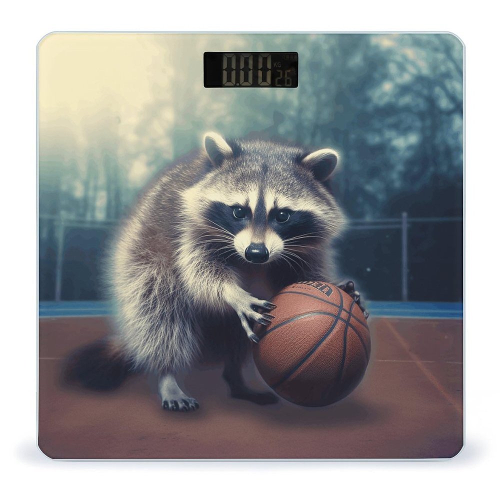 Funny Raccoon Basketball Bathroom Scale Rounded Smart Scale for Body Weight Automatic Power On/Off Weight Scales Accurate Bathroom Digital Scales for Pet Home Bedroom Kitchen