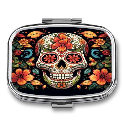 Colorful Sugar Skull Pill Box 2 Compartment Small Square Pills Case Portable for Pocket Pill Organizer Travel Metal Pill Holder for Office Home Vitamin Medicine Fish Oil