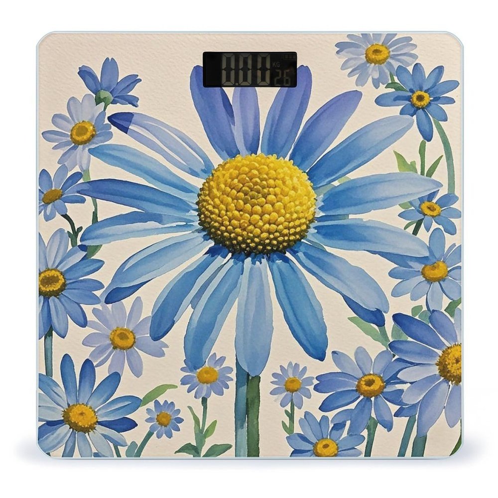 Blue Flower Watercolor Daisy Scale for Body Weight Highly Accurate Digital Bathroom Body Scale Digital Bathroom Scales for People Anti-Slip Large LCD Display Smart Scales
