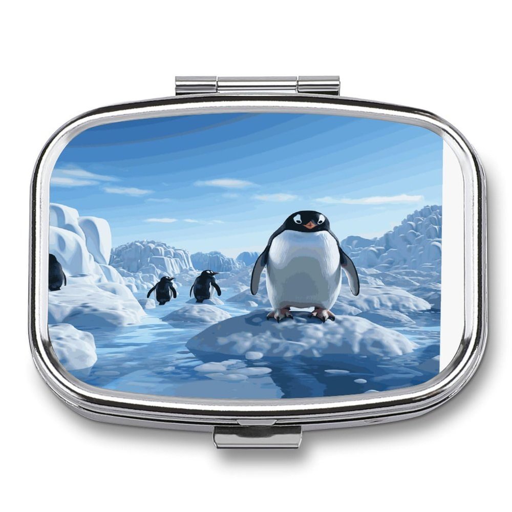 Penguin Antarctica Ice Pill Box 2 Compartment Small Square Pills Case Portable for Pocket Pill Organizer Travel Metal Pill Holder for Office Home Vitamin Medicine Fish Oil