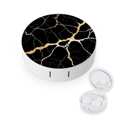 Meaudiwes Fashion Container Soak Storage Kit Contact Lens Case Box Holder With Mirror Black Marble Gold Texture