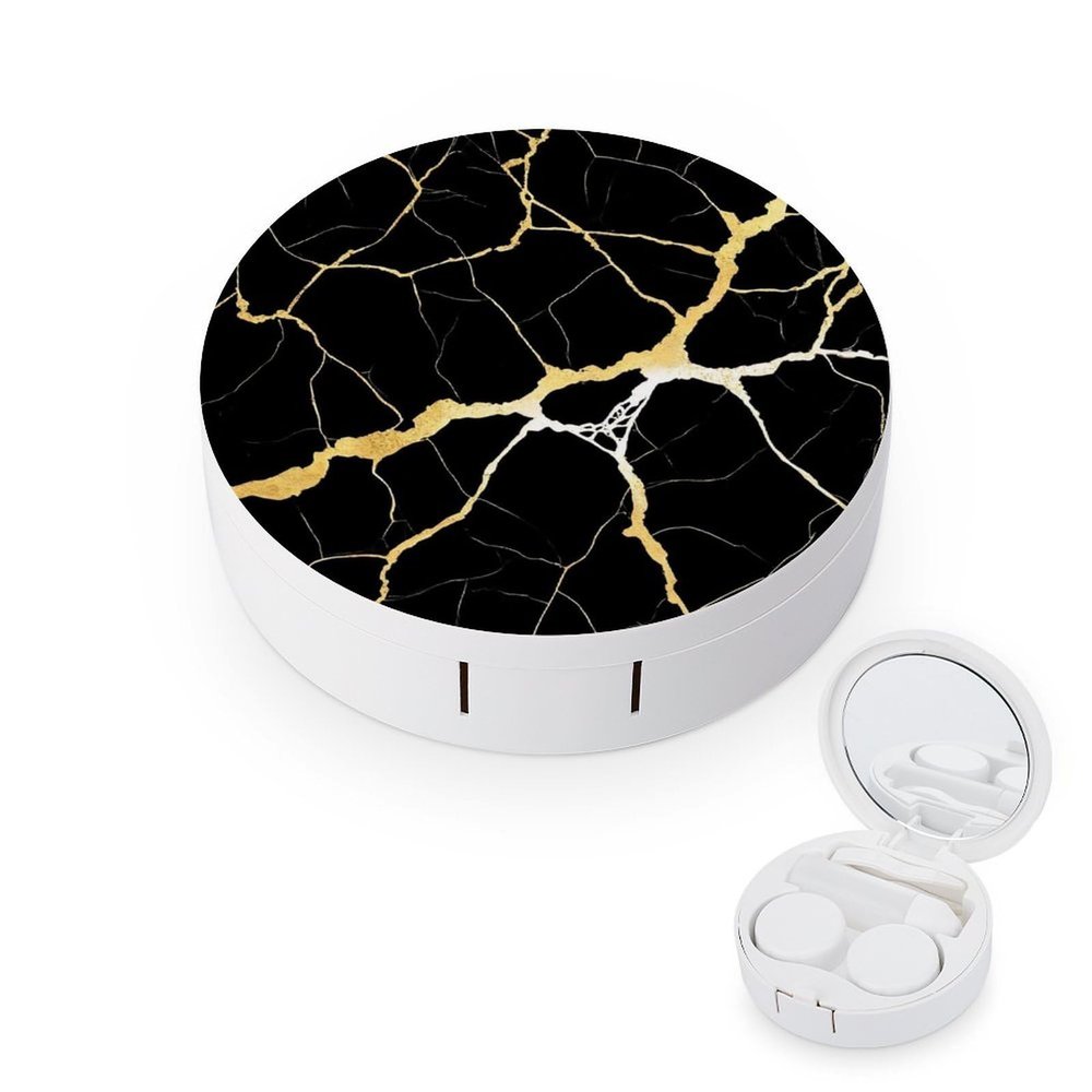 Meaudiwes Fashion Container Soak Storage Kit Contact Lens Case Box Holder With Mirror Black Marble Gold Texture