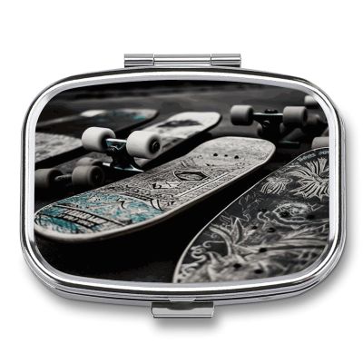Skate Boards Pill Box 2 Compartment Small Square Pills Case Portable for Pocket Pill Organizer Travel Metal Pill Holder for Office Home Vitamin Medicine Fish Oil