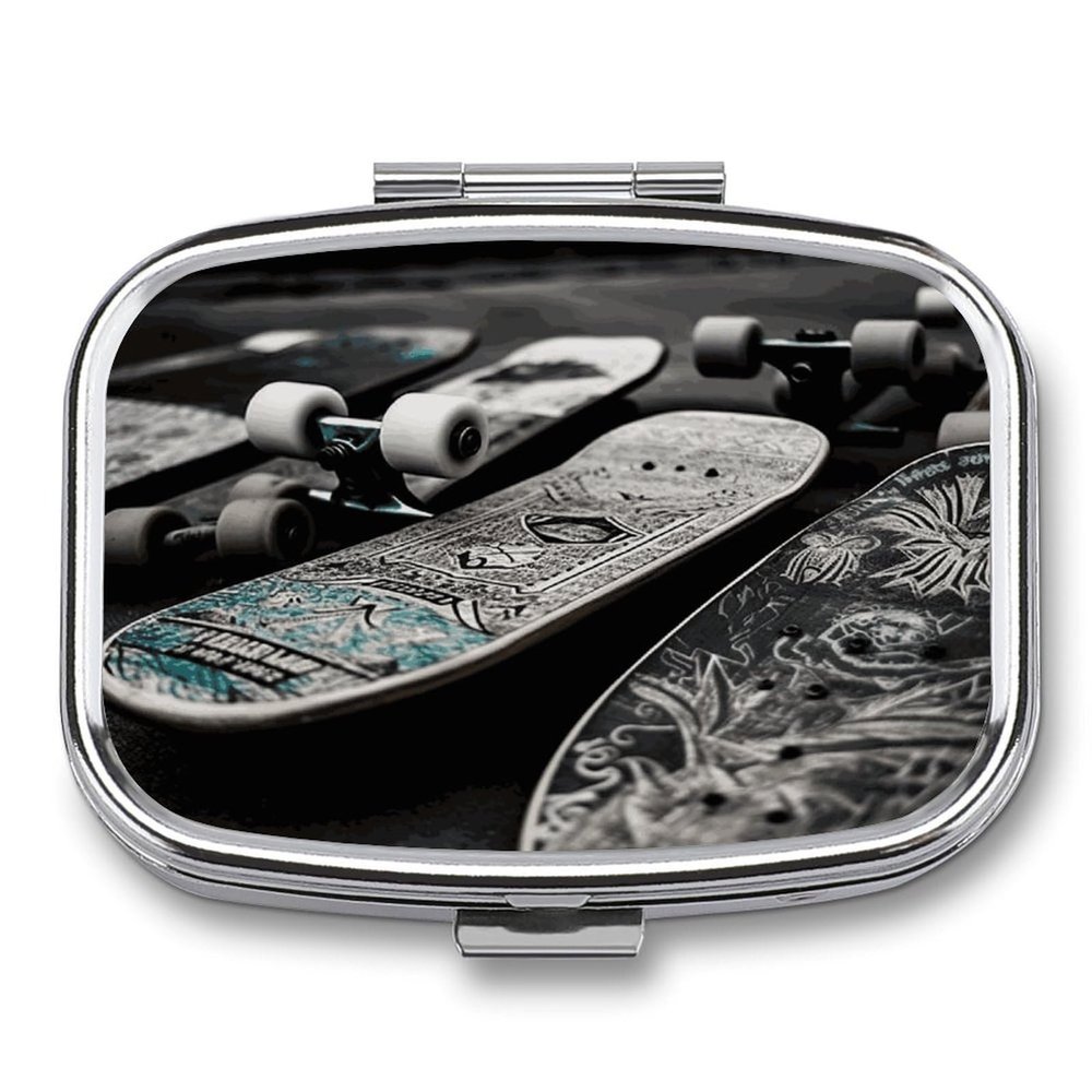 Skate Boards Pill Box 2 Compartment Small Square Pills Case Portable for Pocket Pill Organizer Travel Metal Pill Holder for Office Home Vitamin Medicine Fish Oil