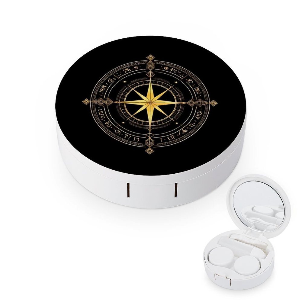 Meaudiwes Cute Contact Lens Case Kit With Mirror Daily Portable Soak Storage Kit For Daily Makeup Ancient Viking Vegvisir Art Wind Rose Magic Navigation Gold Compass