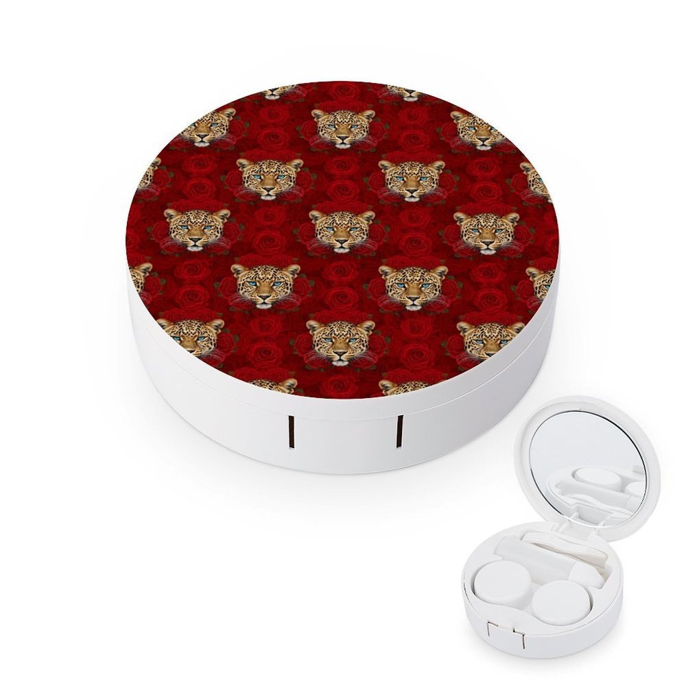 Meaudiwes Fashion Contact Lens Case Kit With Mirror Daily Portable Soak Storage Kit For Women Men Red Rose Cheetah Leopard