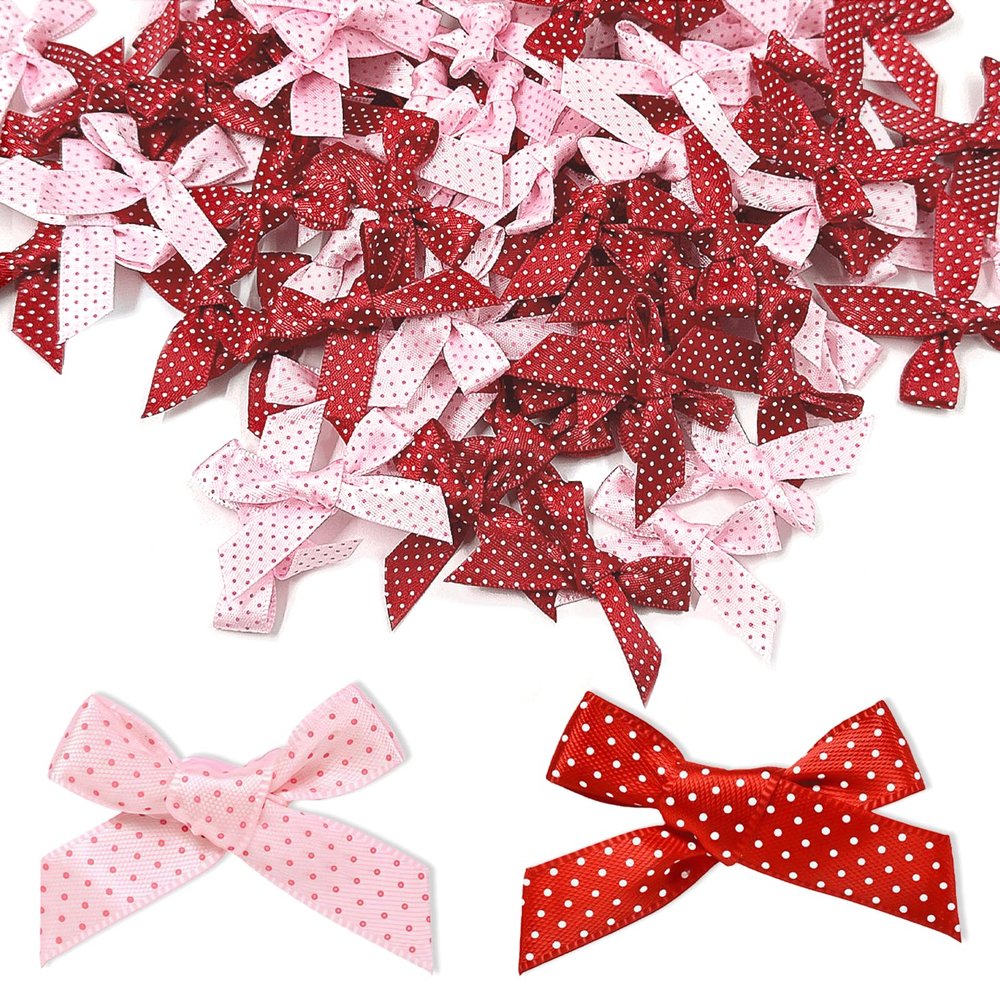 100PCS Pink Red Polka Dot Grosgrain Ribbon Bows, Mini Premade Dotted Bowknots, 0.35Inch Classic Fabric Bows for DIY Crafts Gift Wrapping Valentine Wedding Sewing Scrapbooking Party Decor Accessories