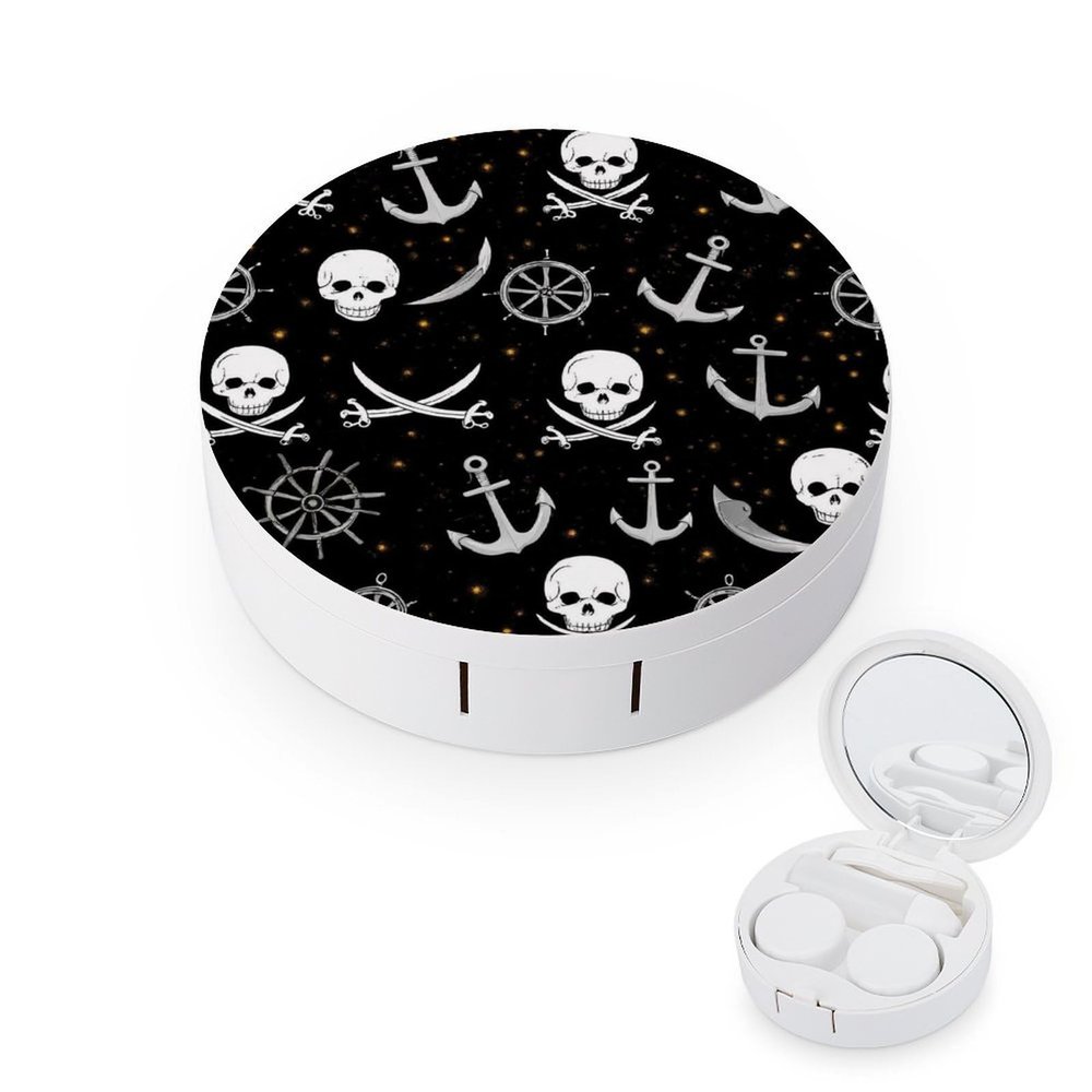Meaudiwes Fashion Contact Lens Case Kit With Mirror Daily Portable Soak Storage Kit For Women Men Nautical Anchor Pirate Skulls