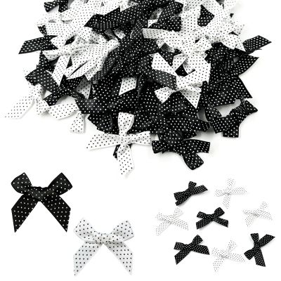 100PCS Mini Polka Dot Grosgrain Ribbon Bows, 0.35Inch Tiny Black White Premade Bowknots, Classic Dotted Fabric Bow for DIY Crafts Gift Wrapping Card Making Sewing Scrapbooking Party Decor Accessories