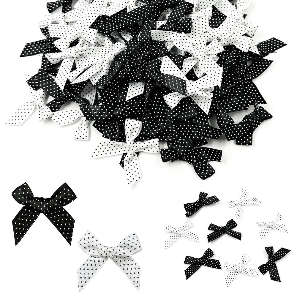 100PCS Mini Polka Dot Grosgrain Ribbon Bows, 0.35Inch Tiny Black White Premade Bowknots, Classic Dotted Fabric Bow for DIY Crafts Gift Wrapping Card Making Sewing Scrapbooking Party Decor Accessories
