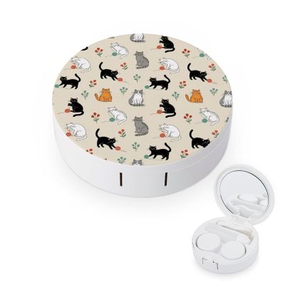 Meaudiwes Makeup Contact Lens Case With Mirror Leak Proof Contact Lens Box Holder For Women Men Beige Cat