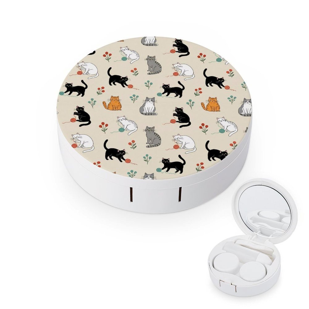 Meaudiwes Makeup Contact Lens Case With Mirror Leak Proof Contact Lens Box Holder For Women Men Beige Cat