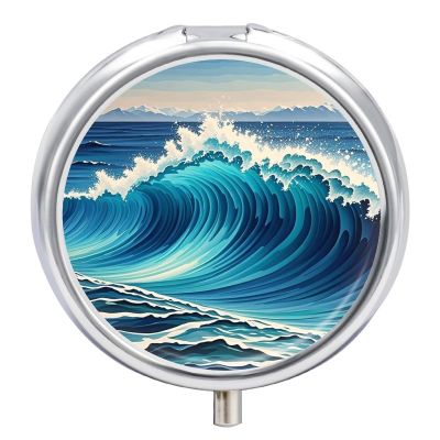 Blue Wave Art Pill Case 3 Compartments Portable Pill Box for Purse Pocket Waterproof Travel Pill Organizer Vitamin Organizer Round Small Pill Box Daily Pill Container