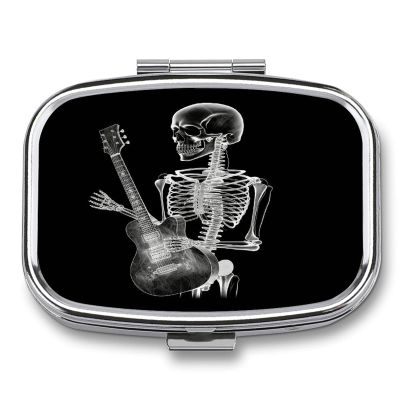 Abstract X-ray Skull Skeleton Playing Guitar Pill Box 2 Compartment Small Square Pills Case Portable for Pocket Pill Organizer Travel Metal Pill Holder for Office Home Vitamin Medicine Fish Oil