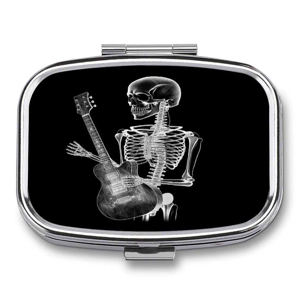 Abstract X-ray Skull Skeleton Playing Guitar Pill Box 2 Compartment Small Square Pills Case Portable for Pocket Pill Organizer Travel Metal Pill Holder for Office Home Vitamin Medicine Fish Oil