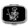 Abstract X-ray Skull Skeleton Playing Guitar Pill Box 2 Compartment Small Square Pills Case Portable for Pocket Pill Organizer Travel Metal Pill Holder for Office Home Vitamin Medicine Fish Oil view 1