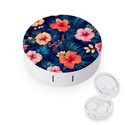 Meaudiwes Men's Daily Leak Proof Contact Lens Box Holder With Mirror Contact Lens Case Tropical Hawaiian Colorful Hibiscus Flowers