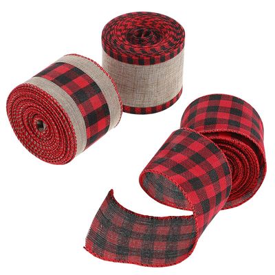 HONMEET Christmas Burlap Ribbon 3 Rolls 6.3cm X 5 Yards Wired Buffalo Plaid Ribbon Set for Wrapping, Wreaths, Bows Making, Holiday Craft Decorations