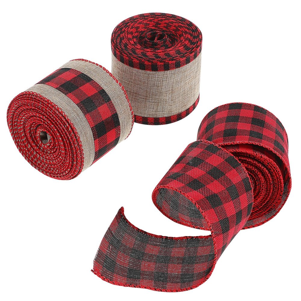 HONMEET Christmas Burlap Ribbon 3 Rolls 6.3cm X 5 Yards Wired Buffalo Plaid Ribbon Set for Wrapping, Wreaths, Bows Making, Holiday Craft Decorations