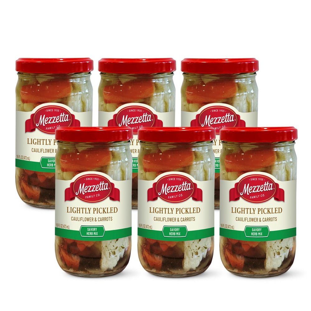 Mezzetta Pickled Vegetables Cauliflower and Carrots Brined with Savory Herbs Vegan Crunchy Snacks No Artificial Colors or Flavors Non-GMO Certified On-the-Go Bites 16 Oz Jar Pack of 6