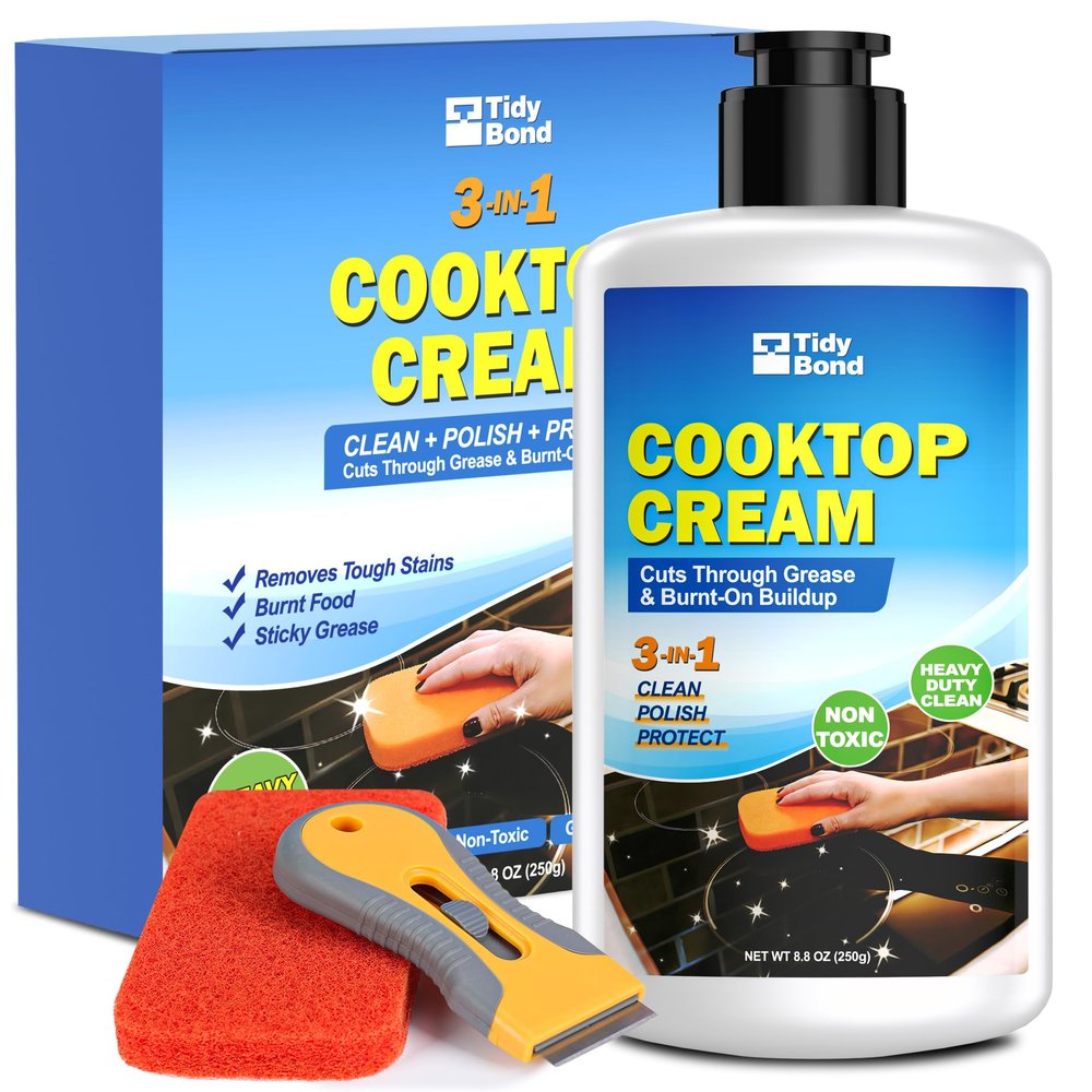 Glass Cooktop Cleaner & Polish Kit Heavy Duty Stove Top Cleaner with Scraper & Scrubbing Pad, Removes Burnt-On Food, Grease & Tough Stains, Safe for Induction, Electric & Ceramic Cooktops 8.8 oz