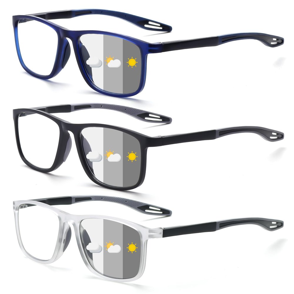 BLOEXCLU Photochromic Reading Glasses for Men TR90 Sport Anti Glare UV Ray Filter Readers Women (Black & Blue & transparent, 3, x)