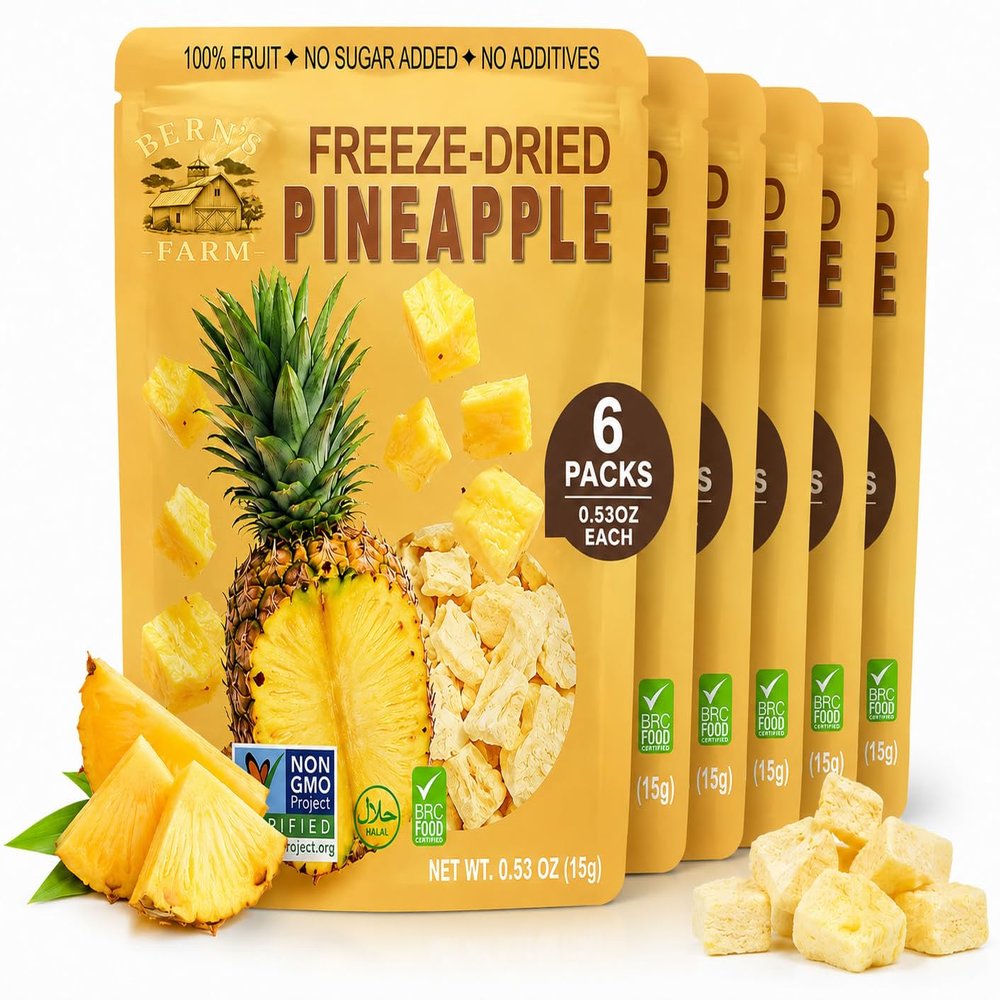 Freeze-Dried Pineapple (No Sugar Added) Instant Tropical Flavor. Gluten-Free Nutrient-Dense. Perfect for Crunchy Snacking, Topping Yogurts or Adding to Cereals & Trail Mixes. On-the-Go Kids School Lunches (Bags of 6 (0.53 oz Each), Pineapple)
