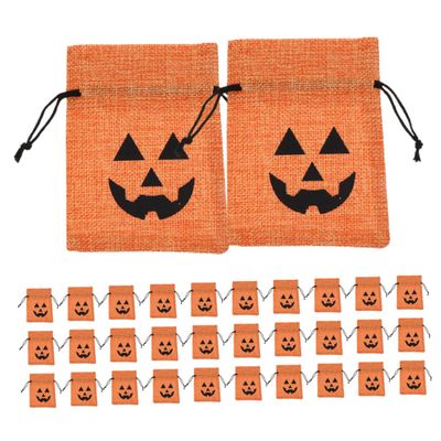 ERINGOGO Halloween Drawstring Burlap Bags Set 50pcs Orange Pumpkin Design Small Candy Treat Bags for Halloween Party Favors and Snack Packaging