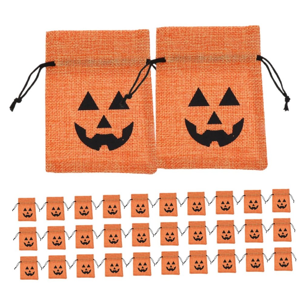 ERINGOGO Halloween Drawstring Burlap Bags Set 50pcs Orange Pumpkin Design Small Candy Treat Bags for Halloween Party Favors and Snack Packaging