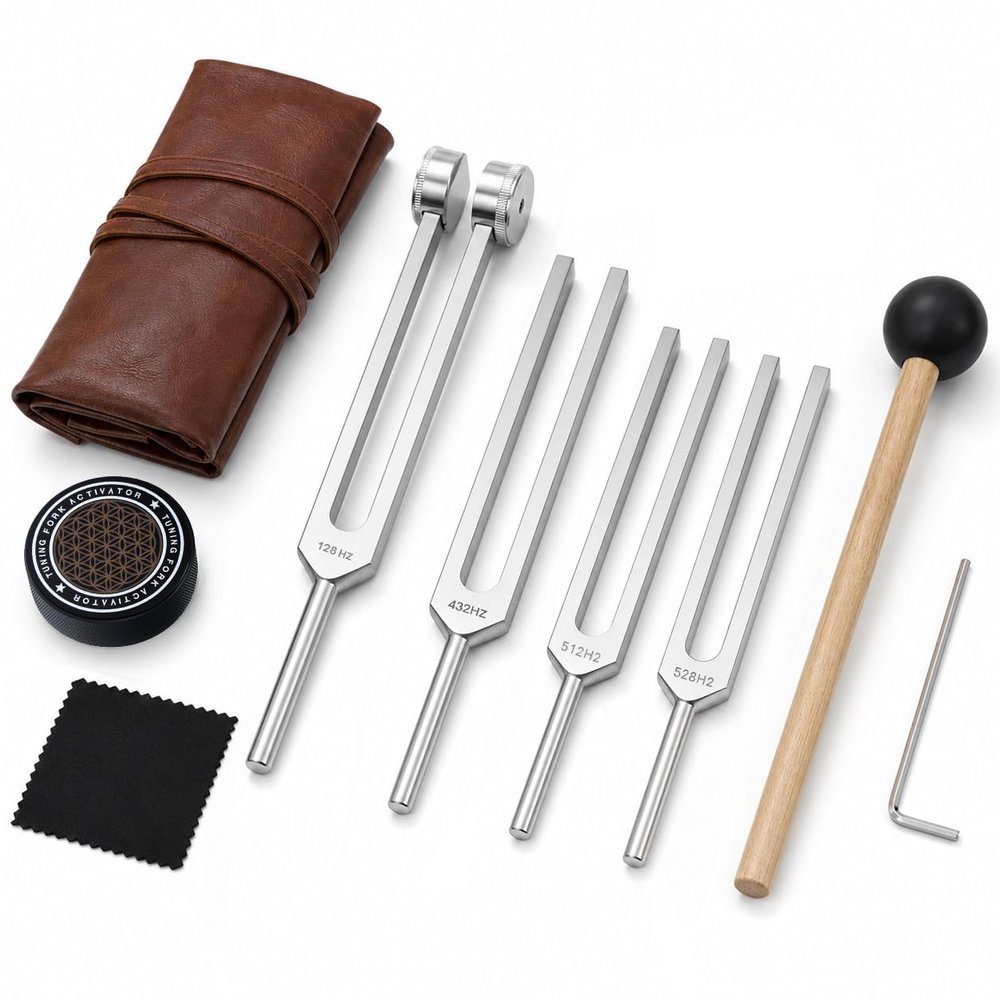 QWORK Tuning Fork Set - 128Hz, 432Hz, 512Hz, 528Hz Weighted & Unweighted Frequency Tools with Mallet, Sound Healing Instruments for Yoga, Meditation & Mindfulness