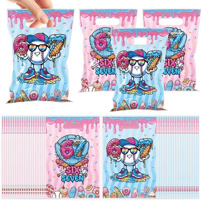 50Pcs 6 7 Birthday Gift Bag, Ice Cream Baseball Drip Party Favor Bags, 67 Meme Themed Birthday Celebration, Candy Treat Goodie Bag Party Supply