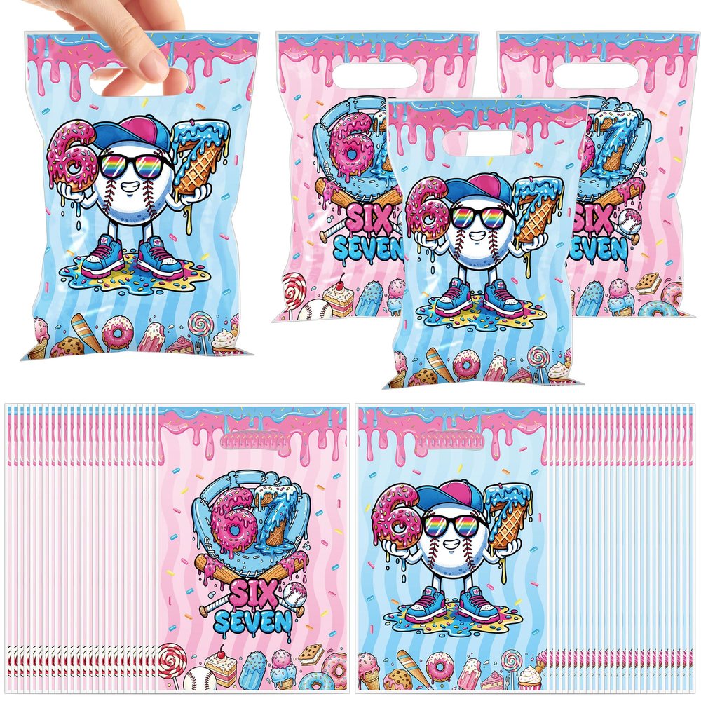 50Pcs 6 7 Birthday Gift Bag, Ice Cream Baseball Drip Party Favor Bags, 67 Meme Themed Birthday Celebration, Candy Treat Goodie Bag Party Supply