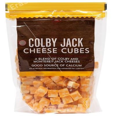 Colby Jack Cheese Cubes , Pre-cubed cheese perfect for platters, melting, or snacking Large, two pound pack , Natural cheese blend of Monterey Jack and cheddar cheeses , Good source of Calcium , Up to 30 servings (4 cubes serving size) 2 pound , 32 o