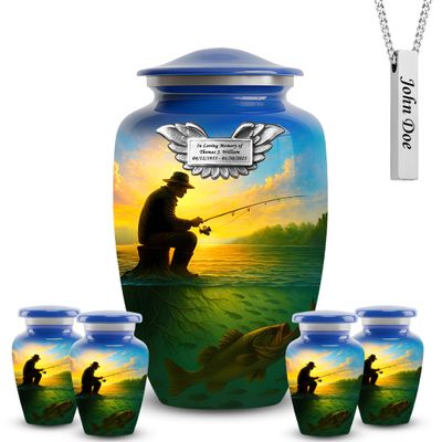 AmericUrn Fishing Plaque Cremation Urn for Men Set of 7 Large Memorial Urn for Human Ashes with 4 Keepsake & Memorial Necklace