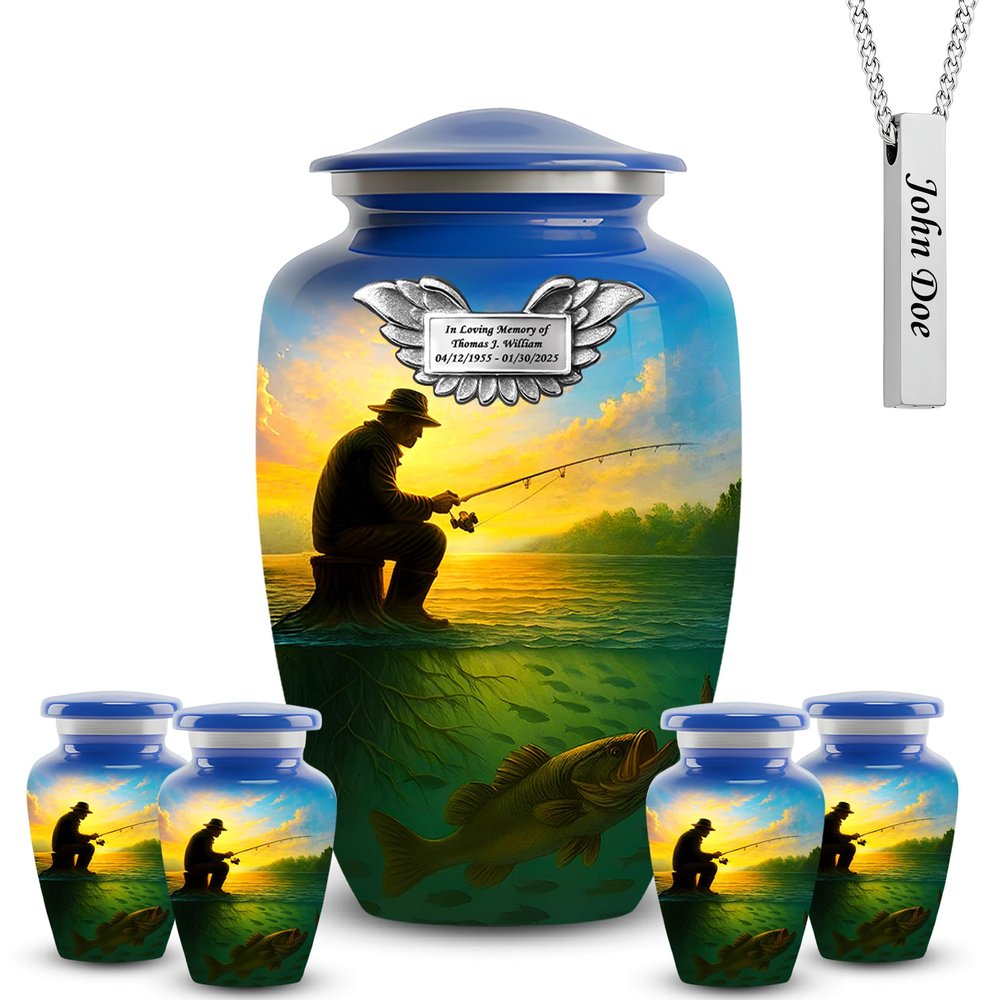 AmericUrn Fishing Plaque Cremation Urn for Men Set of 7 Large Memorial Urn for Human Ashes with 4 Keepsake & Memorial Necklace