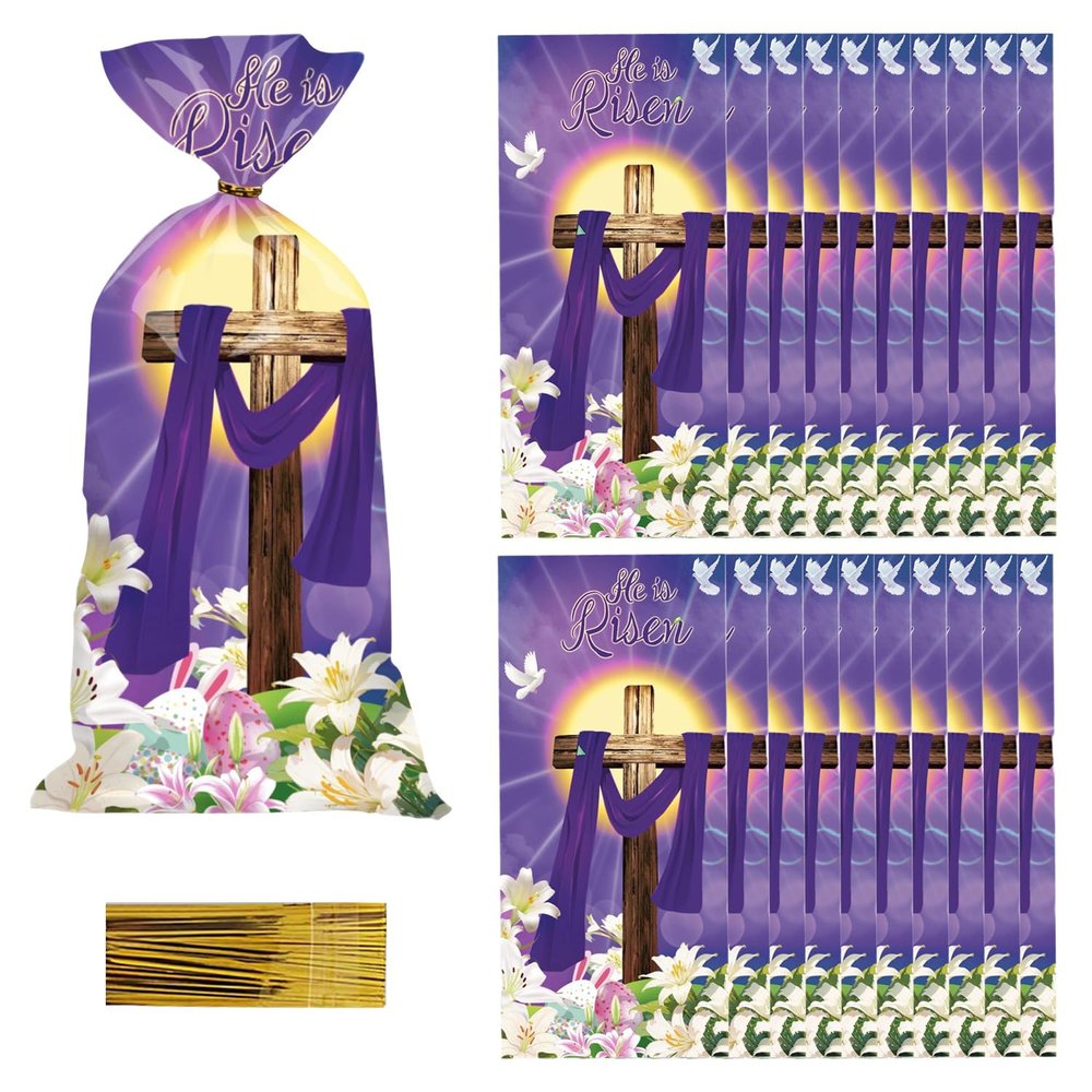 100 Pieces Easter Candy Bags He Is Risen Cellophane Treat Religious Christian Goodie Bags with Twist Ties for Easter Party Favors Supplies