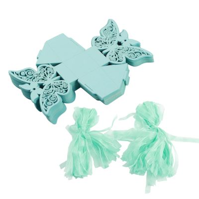 100PCS Wedding Favor Sugar Boxes, Butterfly Candy Chocolate Gift Boxes for Weddings Birthday Party Decor, Rustic Paper Boxes for Alpenliebe Dove Chocolates, DIY Assembly (Blue)