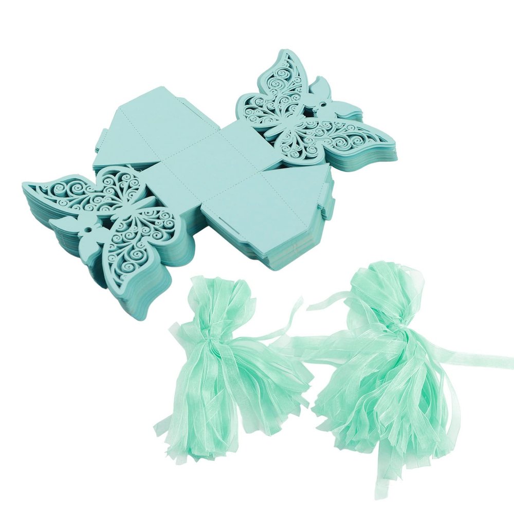 100PCS Wedding Favor Sugar Boxes, Butterfly Candy Chocolate Gift Boxes for Weddings Birthday Party Decor, Rustic Paper Boxes for Alpenliebe Dove Chocolates, DIY Assembly (Blue)