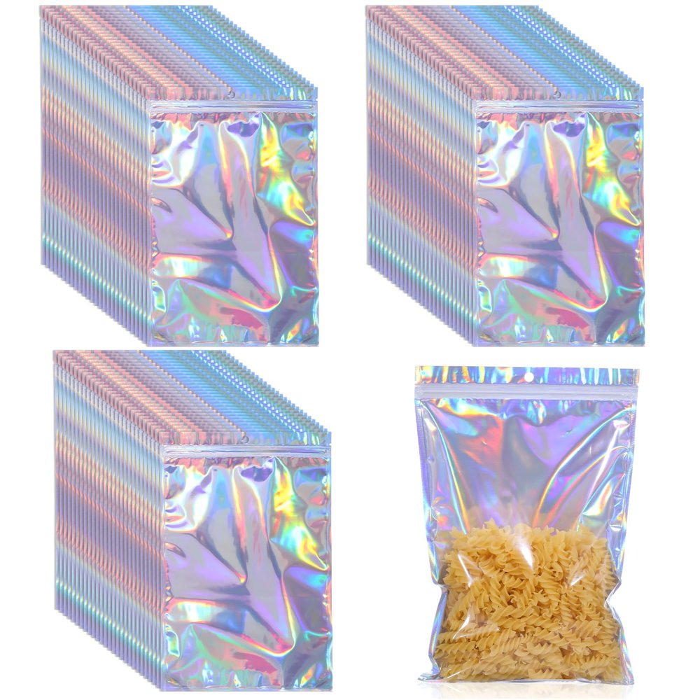 KongTiva 200 Pack 8x12 inch Holographic Mylar Bags, Holographic Resealable Iridescent Mylar Bags with Clear Front Smell Proof Foil Packing Pouches for Multipurpose Storage