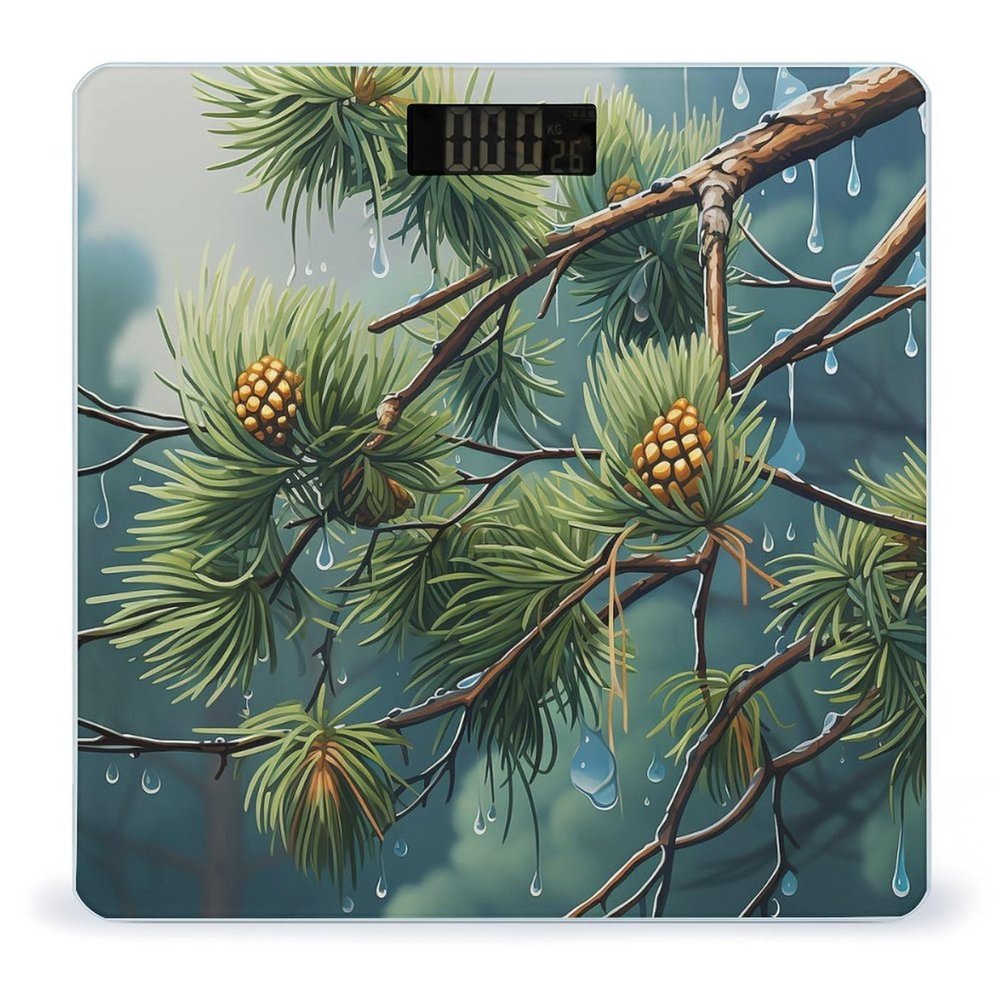 Digital Bathroom Scale Pine Tree Raindropsprinted Accurate Weight Scale,400lb Capacity LCD DisplayvStep-on Technology Tempered Glass