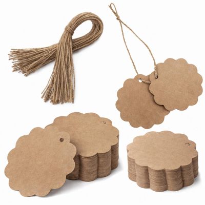 100 PCS Scalloped Paper Gift Tags with String, 2.4'' Round Brown Tags KraftPaper Gift Tag Present Tag with Natural Jute Twines for Clothing, Wedding Decoration Gifts, Arts & Crafts, Birthday Party